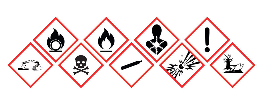 Hazardous material warning signs set isolated on white background. GHS hazard vector pictograms. Hazmat flat placards  or labels with 9 classes. 