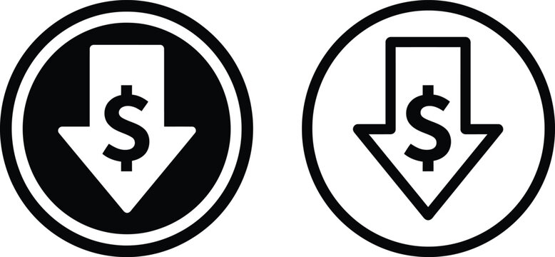 Black and white dollar sign money down arrow icons for business and finance concept
