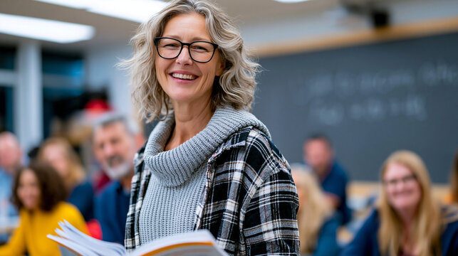 Community college instructor handing out a financial literacy workbook to adult learners in a night class, diverse ages in attendance, dry-erase board showing debt-to-income ratio formula, instituti