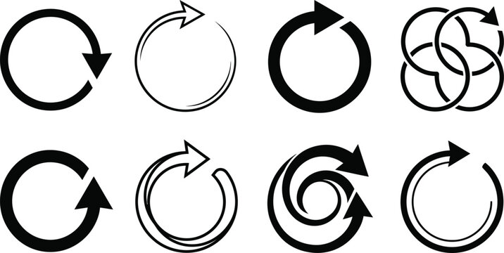 Set of black circular arrow icons for reload refresh and rotation symbols