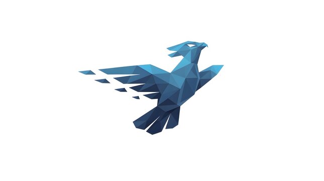 Abstract geometric hawk logo design, modern low poly flying falcon or eagle icon crafted with blue polygonal shapes on a clean white background