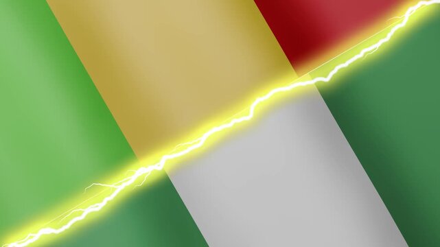 Two waving flags Mali and Nigeria with diagonal lightning seamless, 4k loop