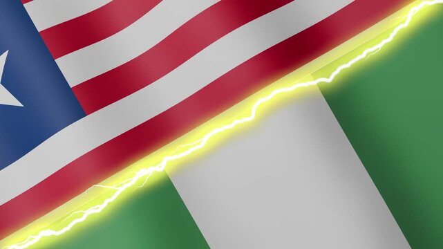 Two waving flags Liberia and Nigeria with diagonal lightning seamless, 4k loop