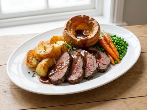 Traditional roast beef dinner with crispy Yorkshire pudding and mixed vegetables