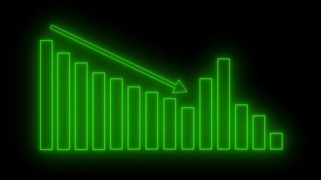 Neon declining bar chart with downward arrow animation
