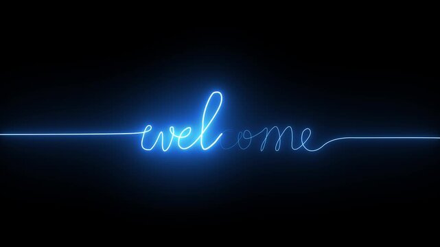 Glowing blue neon welcome text line art animation loop on black background