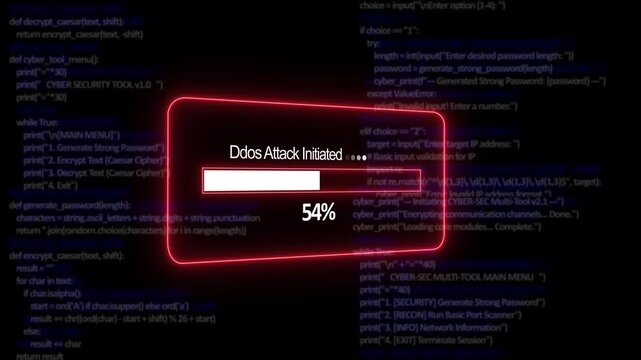 Teal ddos attack initiated Progress Bar on a Background of Computer Code loading programming. 4K Cyber Security System Activity Motion Video