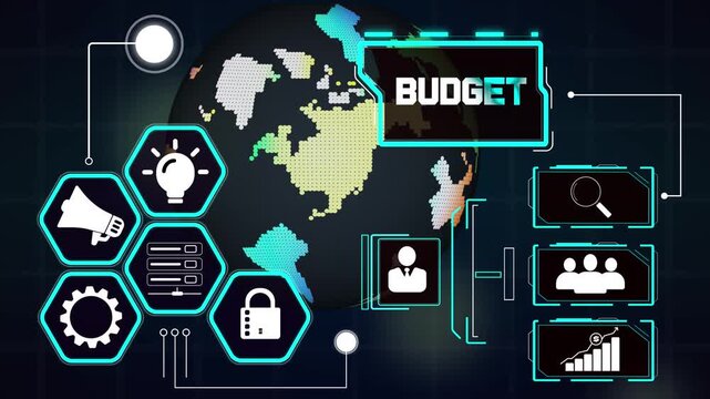 Budget forecasting matrix featuring resource optimization links, abstract cyber earth grid background for accounting teams