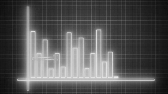 Glowing neon bar chart vertical and horizontal axes, soft halo glow stylized futuristic data visualization animation