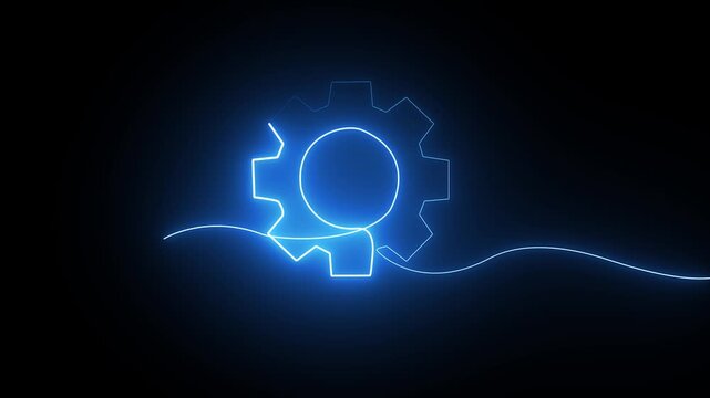 Glowing blue gear icon made of a single continuous line