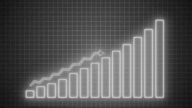 Neon-style glowing bar chart and upward zigzag line, showing growth trend with arrow at top right animation