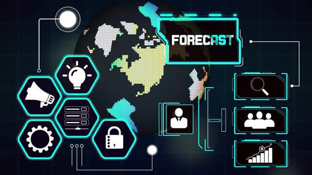Forecast simulation interface showing predictive economic modeling, abstract cyber globe background for corporate planners