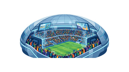 Futuristic domed stadium with large digital screens and cheering audience on soccer field. © MSTSAFIYA