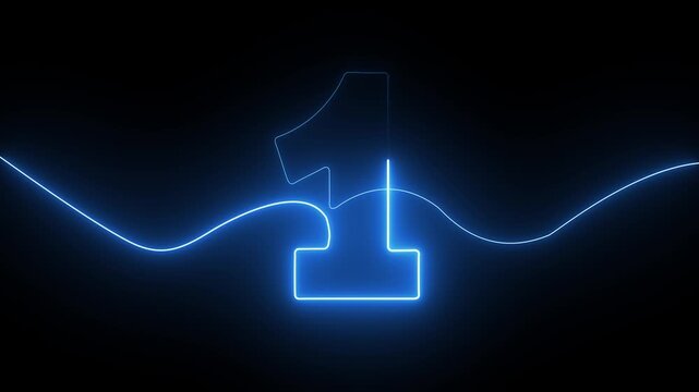 Glowing blue neon number one sign on dark background