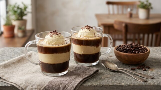 Delicious layered coffee drink with ice cream and coffee beans on the side.