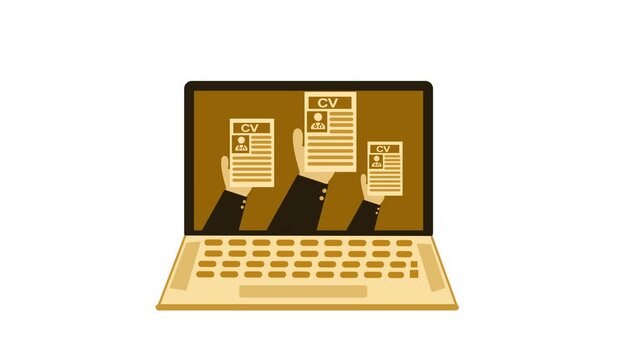 Animation of a laptop screen showing three hands holding cv/resume documents
