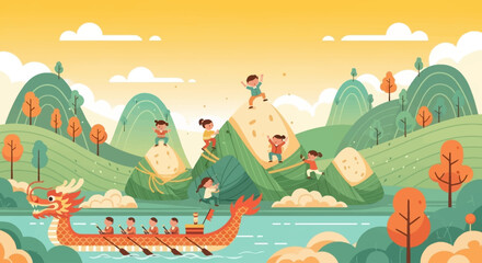 Obraz premium A vibrant illustration depicts a traditional dragon boat race with a dragon boat on a river and children playing on rice dumplings amidst rolling green hills and a warm, gradient sky.
