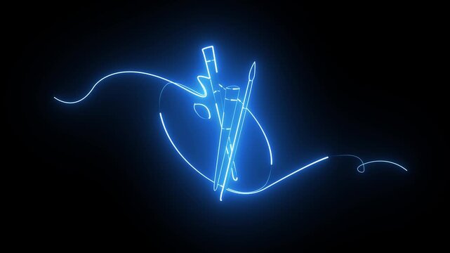 Neon blue paint palette and brushes on black background