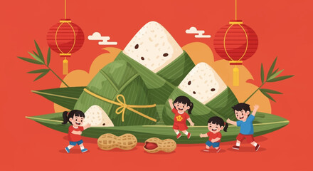 Naklejka premium Children playing happily with giant zongzi and mountains in a festive Dragon Boat Festival illustration.