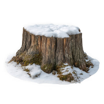 Ancient tree stump covered in fresh snow during winter season