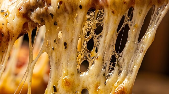 Close up of gooey melted cheese stretching from pizza slice showing delicious texture.