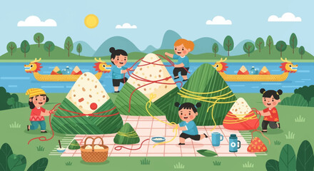 Naklejka premium Children happily making traditional zongzi dumplings by a river with dragon boats in the background.