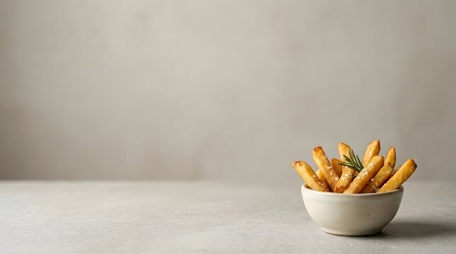 Crispy golden fried potato chips served in small white ceramic bowl on neutral background.