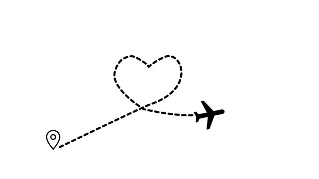 Airplane icon and dashed flight path curving from a map pin animation