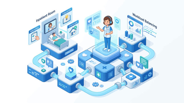 Isometric healthcare infographic showing nurse with digital patient management system inpatient room and workload balancing workflow for medical technology presentation