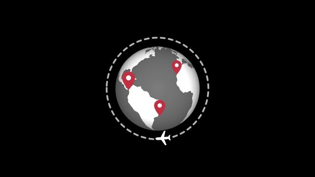 Stylized globe location pins and a small airplane circling minimal travel concept animation