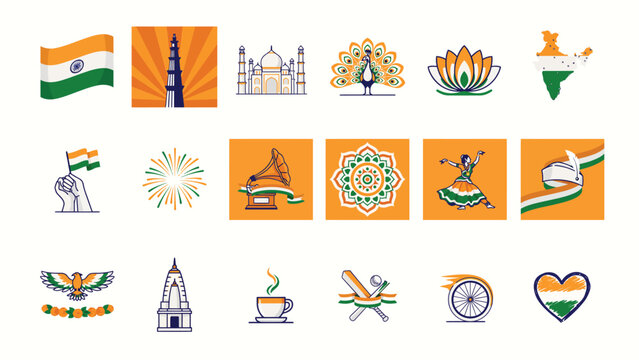 India republic day icons and symbols set