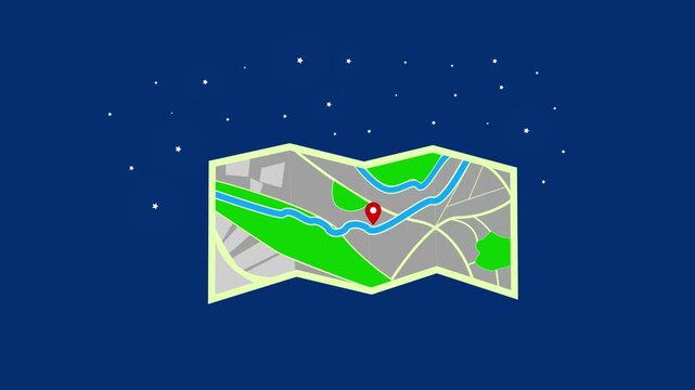 Folded city map with rive location pin starry background animation
