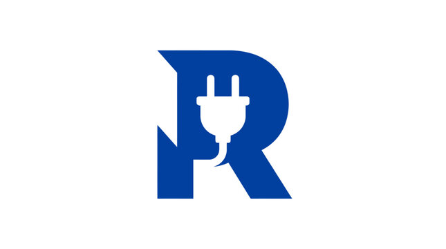 Letter R logo with integrated electrical power plug icon.