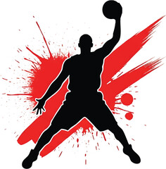 Basketball player silhouette jumping for a slam dunk, dynamic action pose with red ink splatter and brush stroke effect © Mani