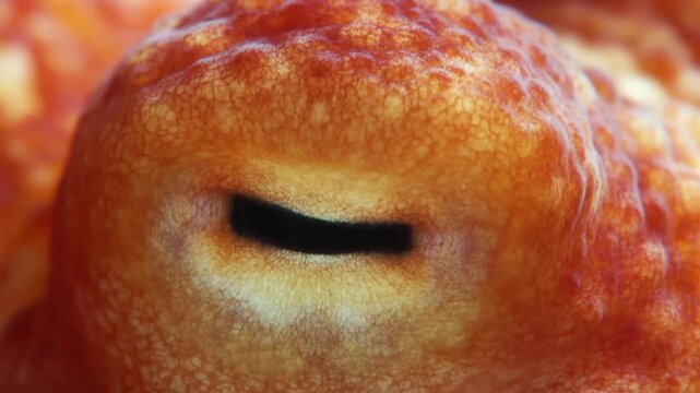 Macro tracking shot of octopus siphon pulsing and opening against textured orange mantle on reef surface underwater