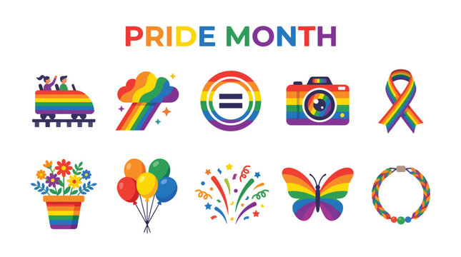 Pride month lgbtq rainbow flat icon set for celebration and equality