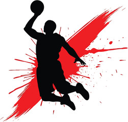 Silhouette of a basketball player jumping for a slam dunk with a dynamic red paint splash effect © Mani