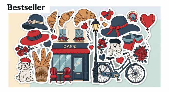 Charming Parisian Scene Sticker Set Featuring a Cafe, Croissants, Baguettes, Hats, a Bicycle, and a Dog.