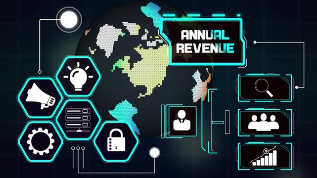 Annual revenue compilation graphics on holographic globe display, designed for annual general meetings and corporate films