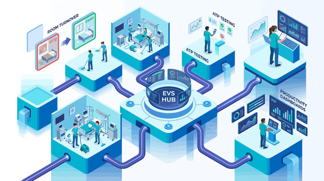 Isometric hospital environmental services EVS workflow infographic with digital dashboards for room turnover and ATP testing in a healthcare facility