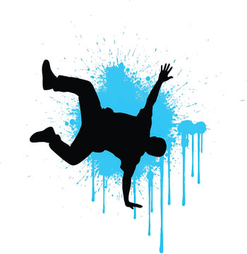 Silhouette of a breakdancer performing a freeze move against a vibrant cyan paint splatter background