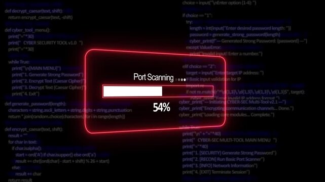 Teal port scanning Progress Bar on a Background of Computer Code loading programming. 4K Cyber Security Progress Bar Motion Video