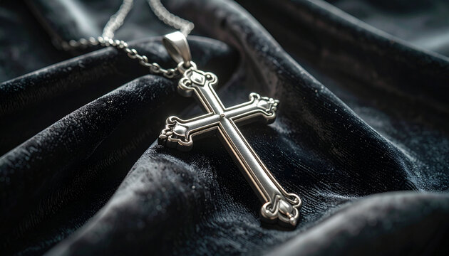 Close up of a silver cross pendant on a textured dark fabric background