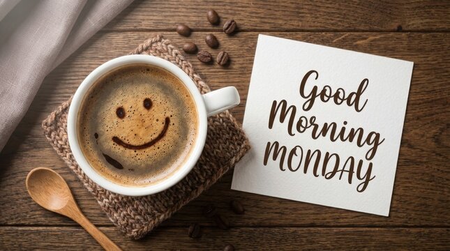 Cheerful Good Morning Monday Coffee Cup with Smiley Face and Handwritten Note on Wooden Table.