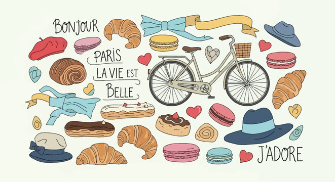 A charming collection of Parisian icons including pastries, hats, a bicycle, and French phrases, evoking a sense of French lifestyle and travel.