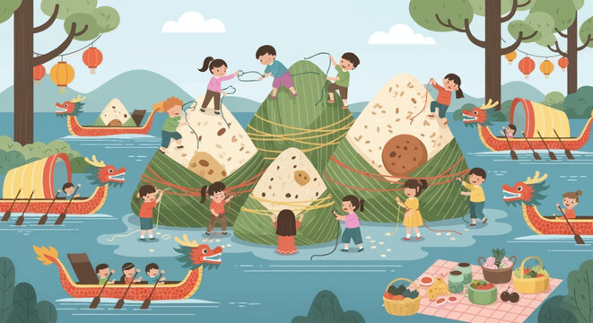 Children celebrating the Dragon Boat Festival with dragon boat races, zongzi, and a picnic by the river.