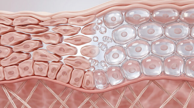 Before after skin cell renewal cross section from dry damaged structure to plump hydrated healthy tissue for anti aging cosmetic 3D render.