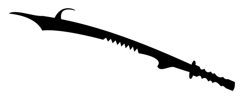 Sword silhouette depicts a traditional curved blade with a detailed hilt and sharp decorative tip.
