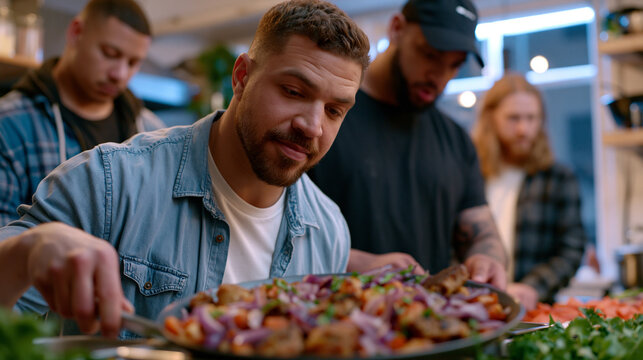Group of formerly incarcerated men in a structured sober living house kitchen preparing a meal together, addiction recovery housing, reentry support program, community reintegration, substance use r