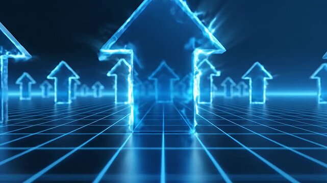 Blue glowing arrows pointing upwards on digital grid floor.